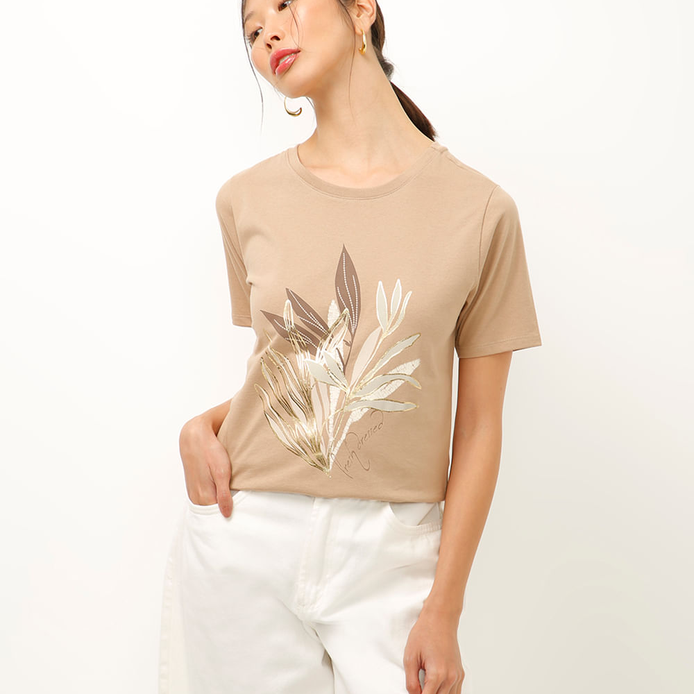 Camiseta de algodão folhagens metalizada bege Camiseta de algodão folhagens metalizada bege