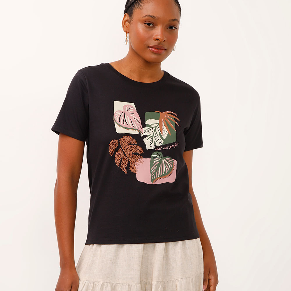 Camiseta de algodão folhagem real not perfect preta Camiseta de algodão folhagem real not perfect preta