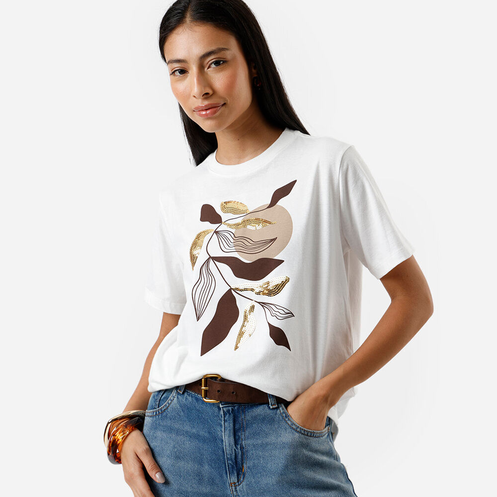 Camiseta feminina de algodão estampa com paetê off white Camiseta feminina de algodão estampa com paetê off white