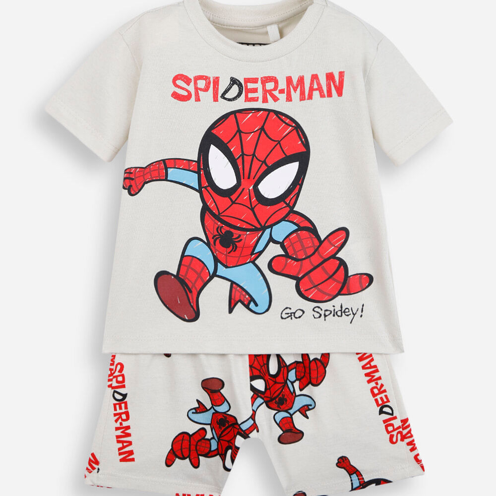 Pijama curto infantil de algodão homem aranha bege Pijama curto infantil de algodão homem aranha bege