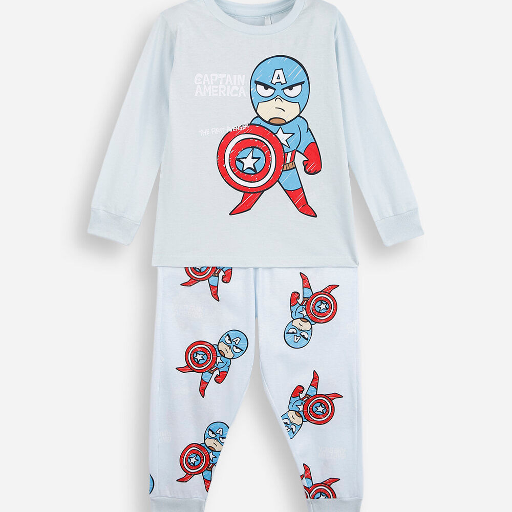 Pijama longo infantil de algodão capitão américa azul Pijama longo infantil de algodão capitão américa azul