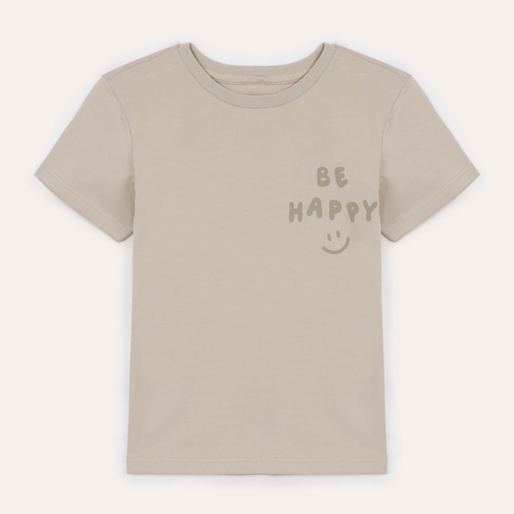 Camiseta de algodão infantil manga curta be happy bege Camiseta de algodão infantil manga curta be happy bege