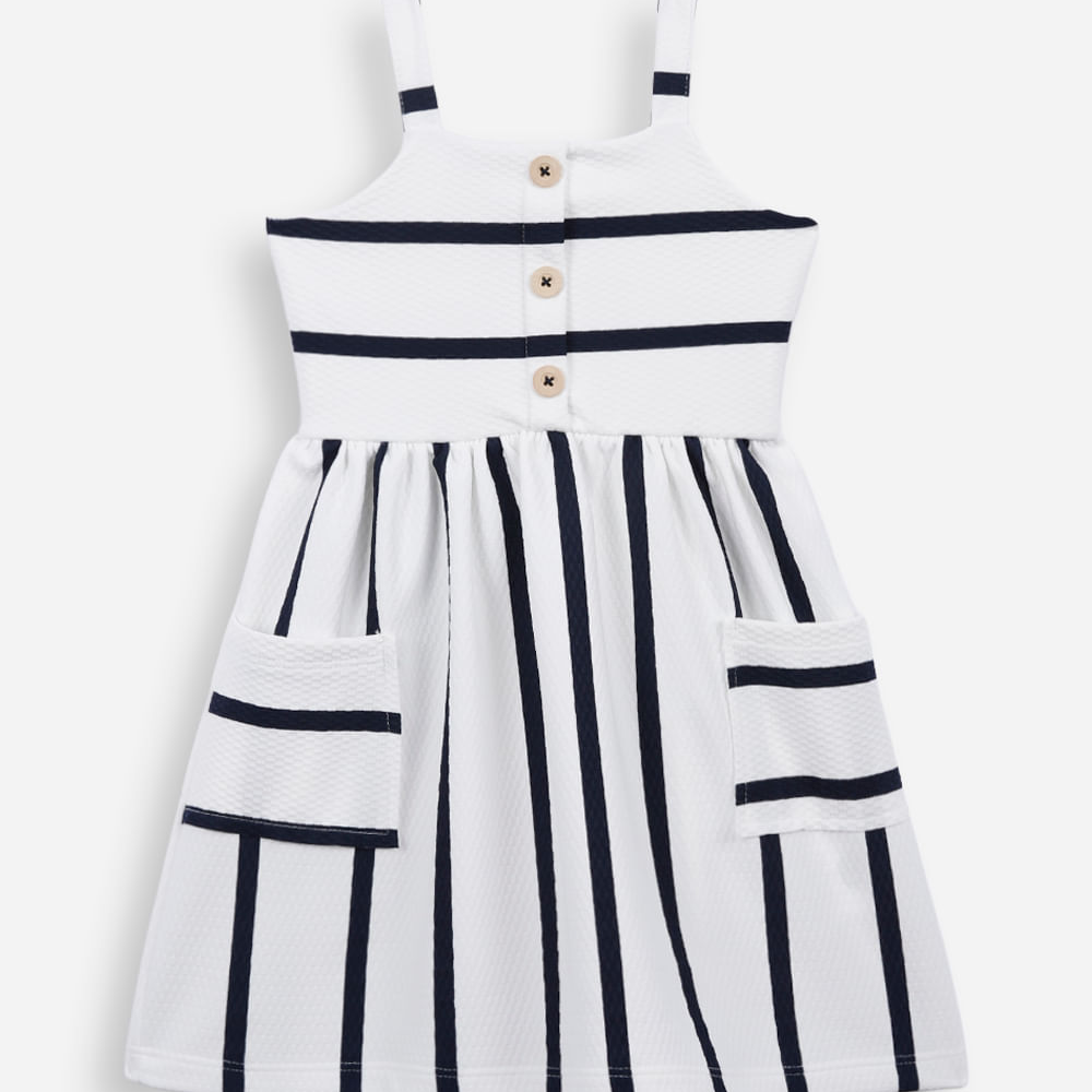 Vestido infantil de algodão texturizado listrado azul Vestido infantil de algodão texturizado listrado azul