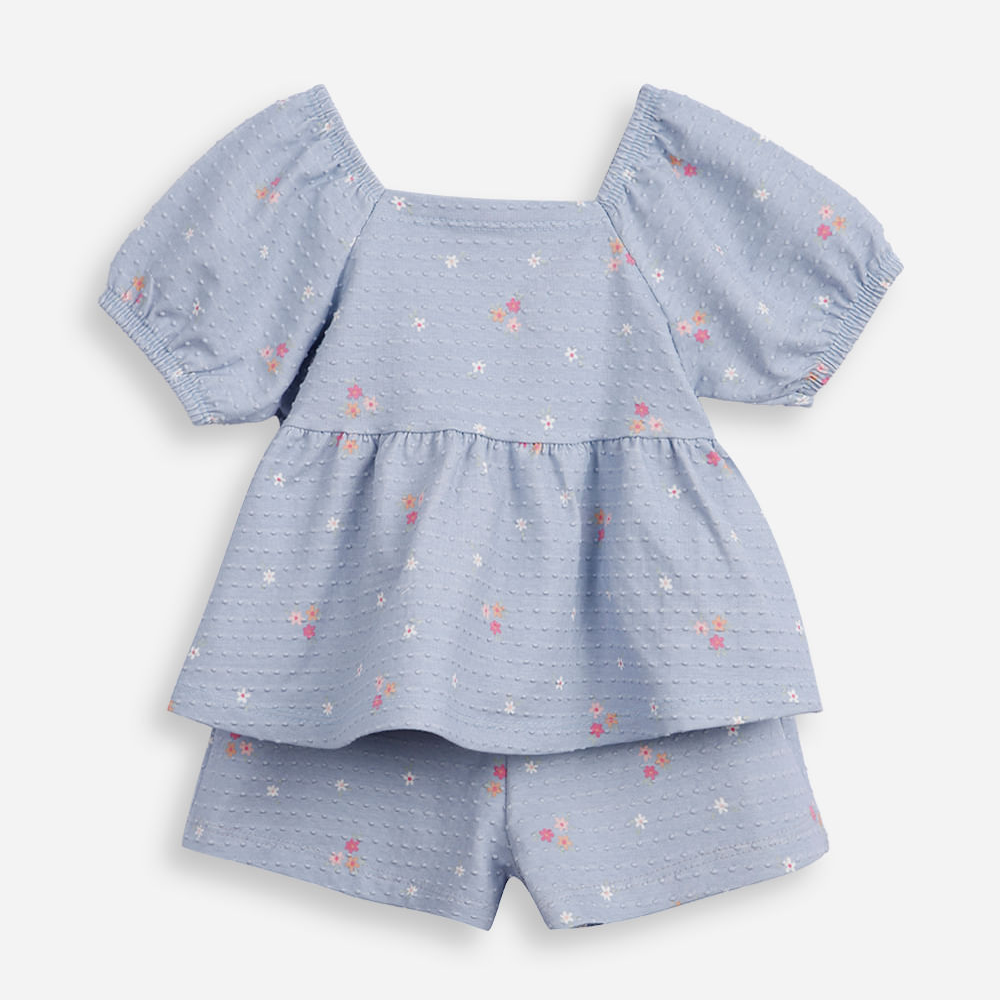 Conjunto curto infantil de algodão floral texturizado azul Conjunto curto infantil de algodão floral texturizado azul