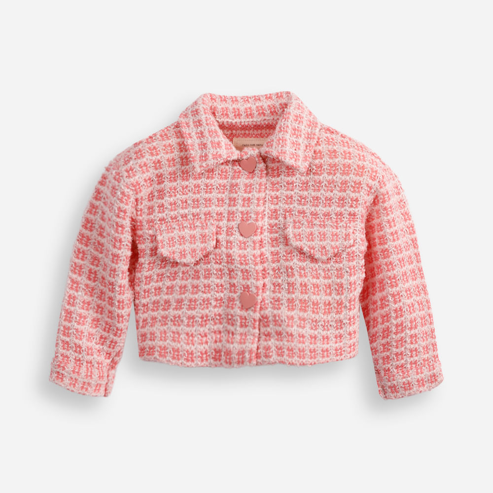 Casaco de tweed infantil com corações rosa Casaco de tweed infantil com corações rosa