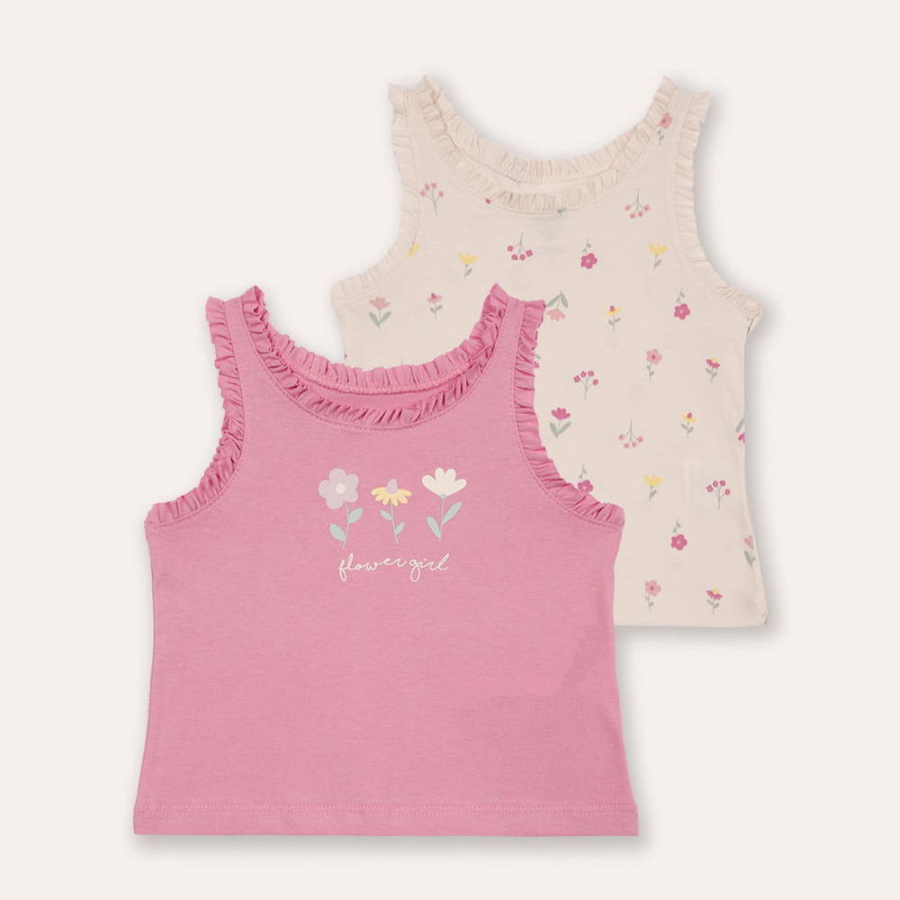 Kit de 2 regatas infantis floral e babado colorida Kit de 2 regatas infantis floral e babado colorida
