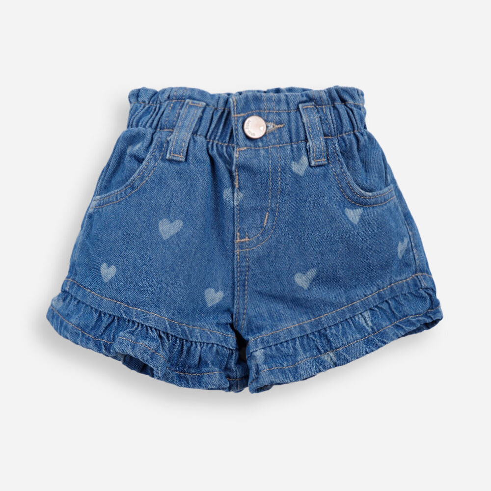 Short clochard infantil jeans corações com recorte azul Short clochard infantil jeans corações com recorte azul