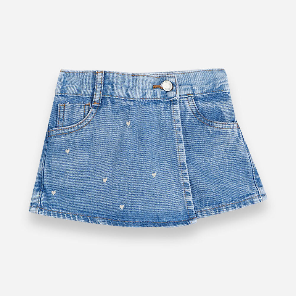 Short saia infantil jeans bordado azul Short saia infantil jeans bordado azul