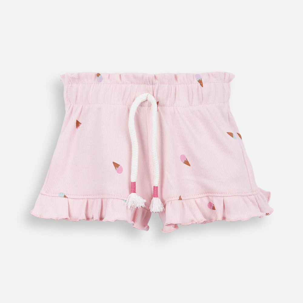 Short infantil de algodão com babado sorvete canelado rosa Short infantil de algodão com babado sorvete canelado rosa