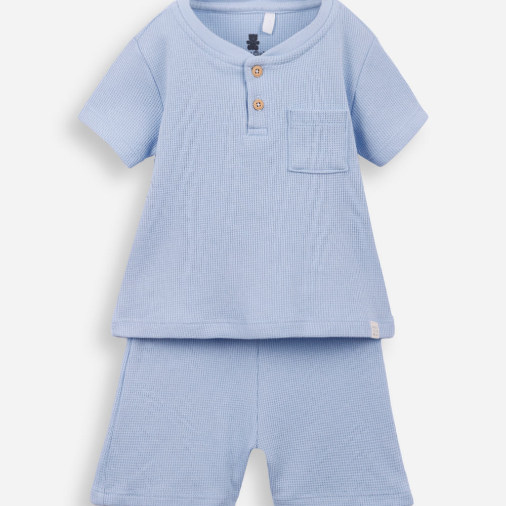 Conjunto curto infantil de algodão texturizado azul Conjunto curto infantil de algodão texturizado azul