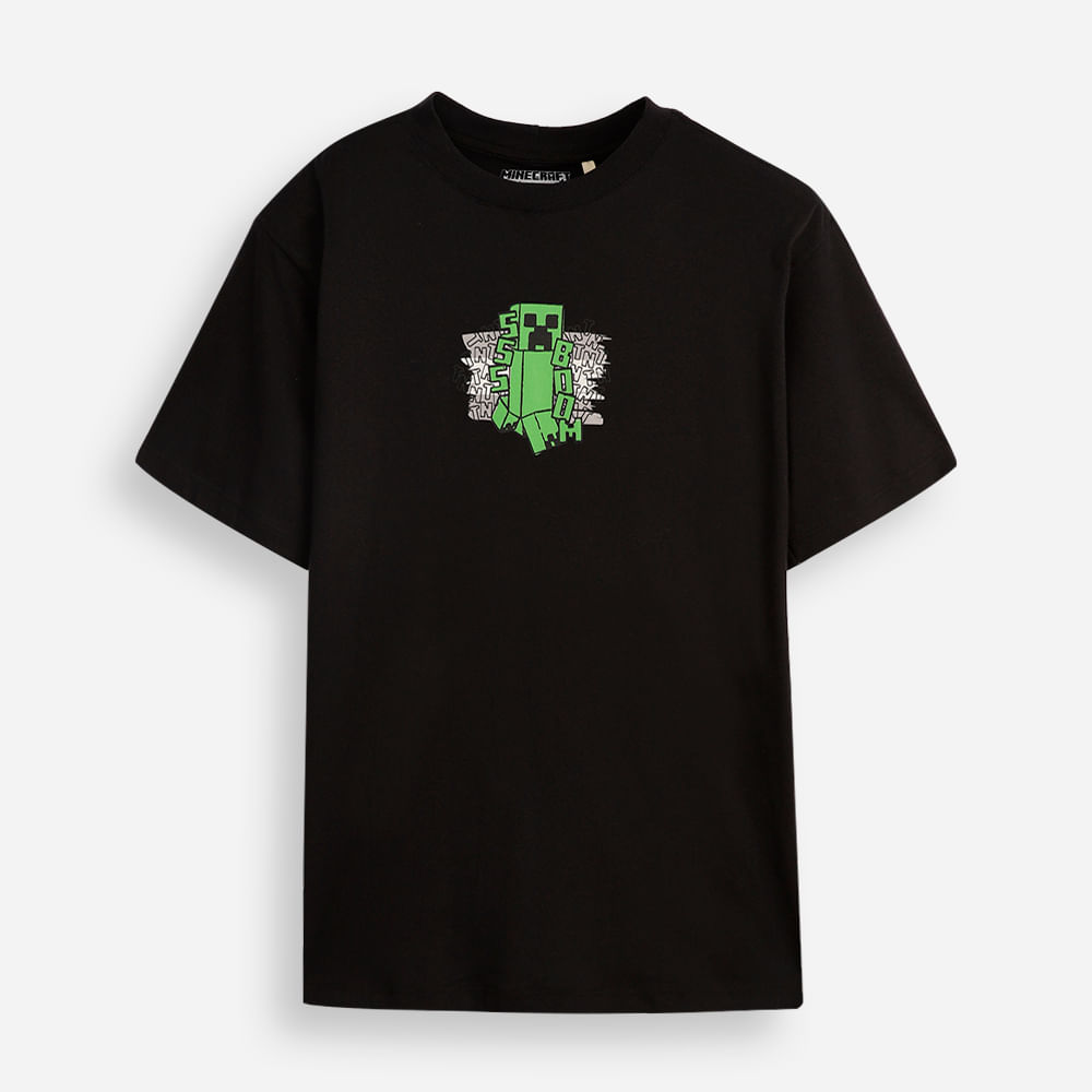 Camiseta de algodão juvenil manga curta minecraft preta