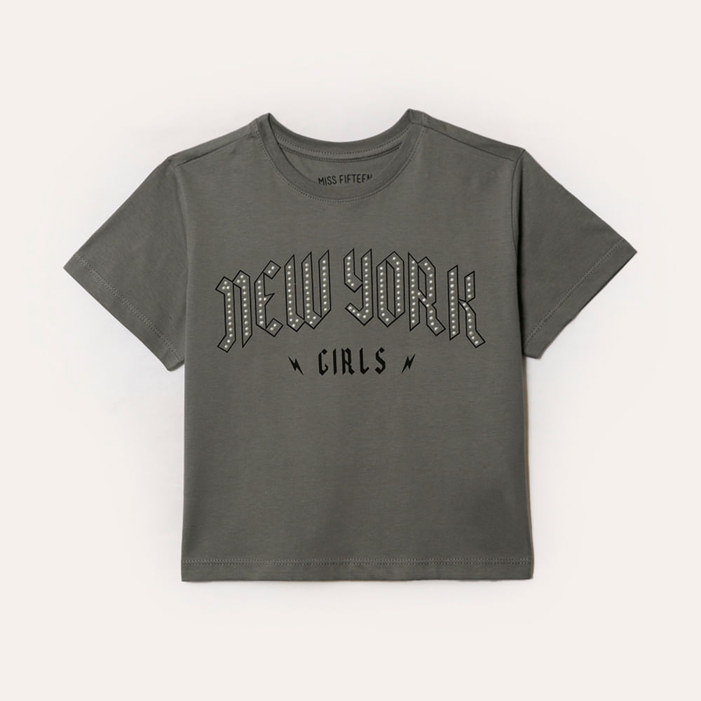 Camiseta de algodão juvenil new york com pérolas cinza Camiseta de algodão juvenil new york com pérolas cinza