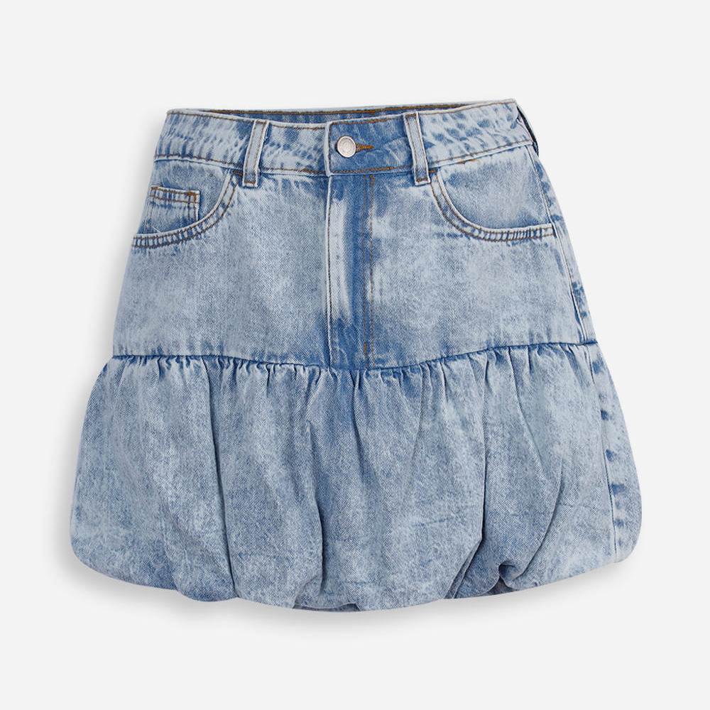 Saia curta infantil balonê jeans azul Saia curta infantil balonê jeans azul