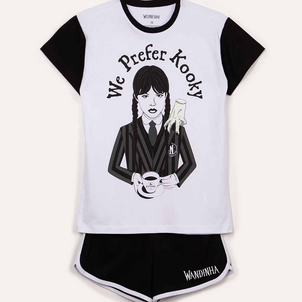 Pijama juvenil de algodão wandinha branco Pijama juvenil de algodão wandinha branco