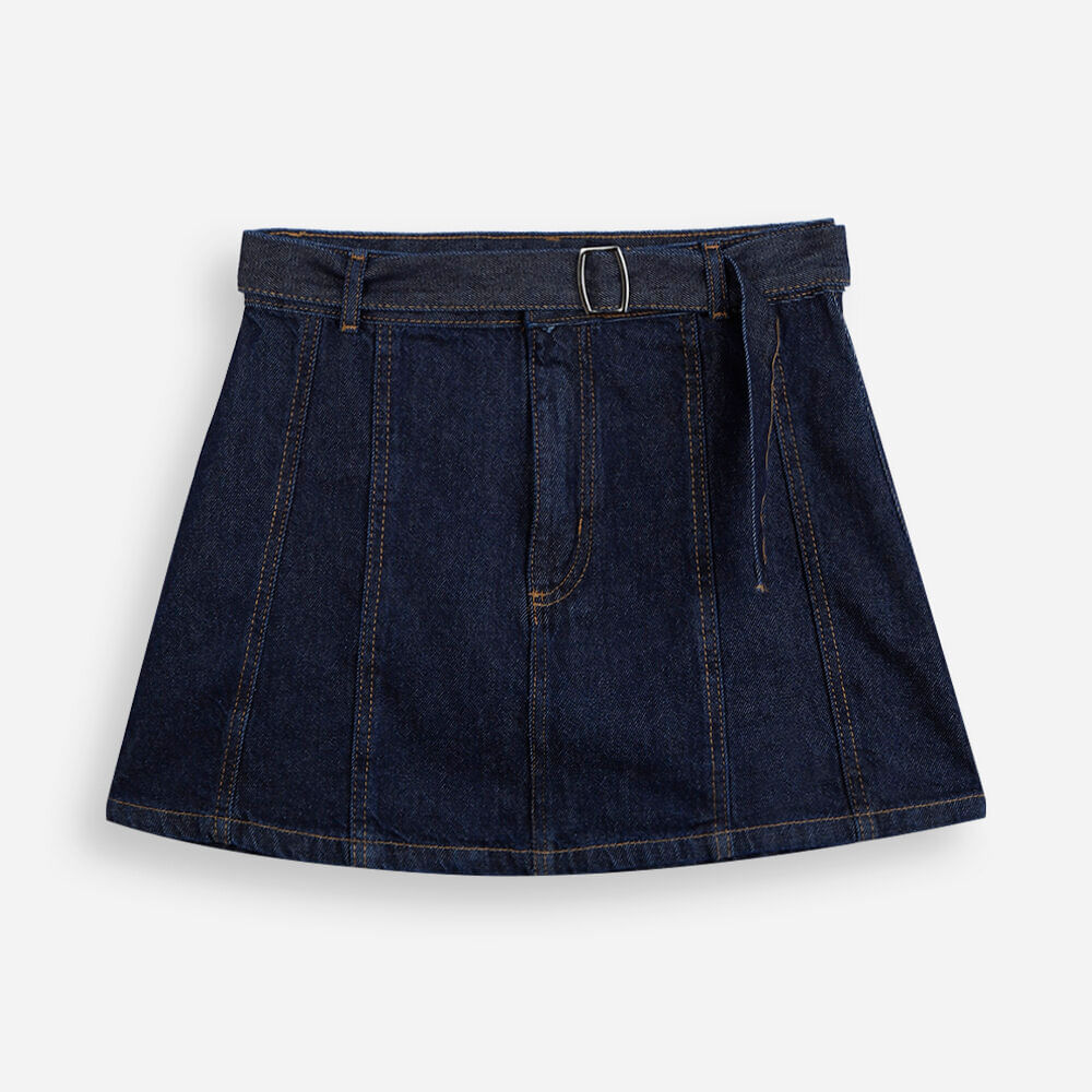 Saia jeans infantil de algodão com cinto azul Saia jeans infantil de algodão com cinto azul