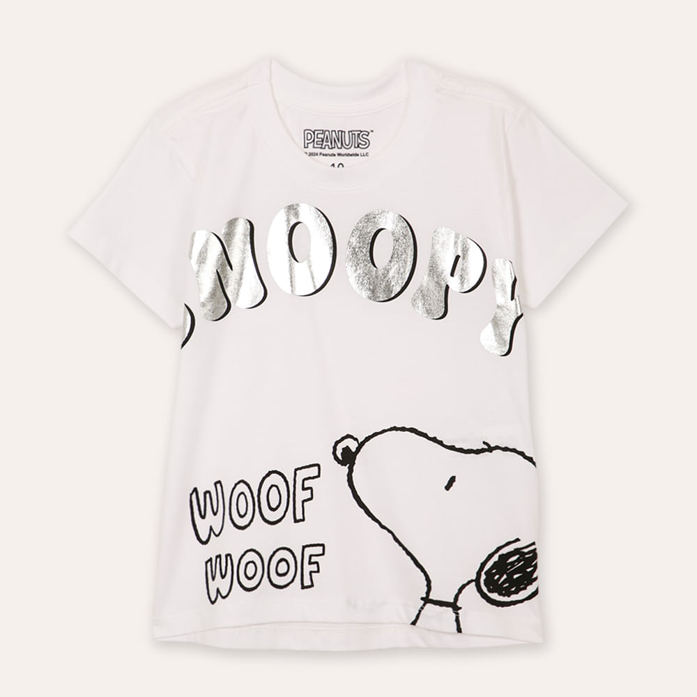 Camiseta de algodão juvenil snoopy metalizada off white
