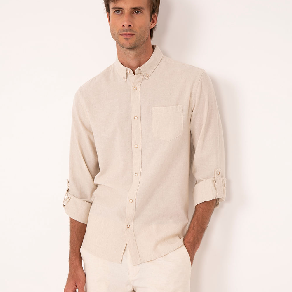Camisa comfort com linho manga longa bege Camisa comfort com linho manga longa bege