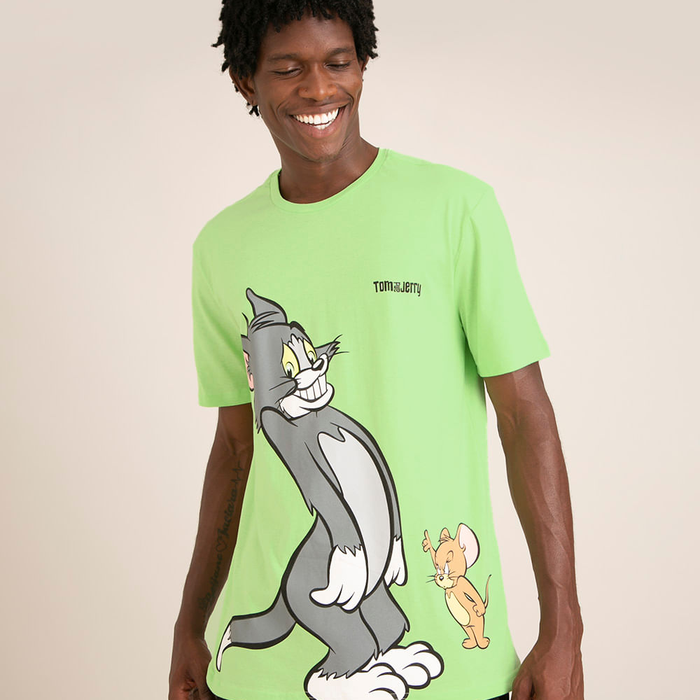 Camiseta de algodão tom e jerry manga curta gola careca verde Camiseta de algodão tom e jerry manga curta gola careca verde
