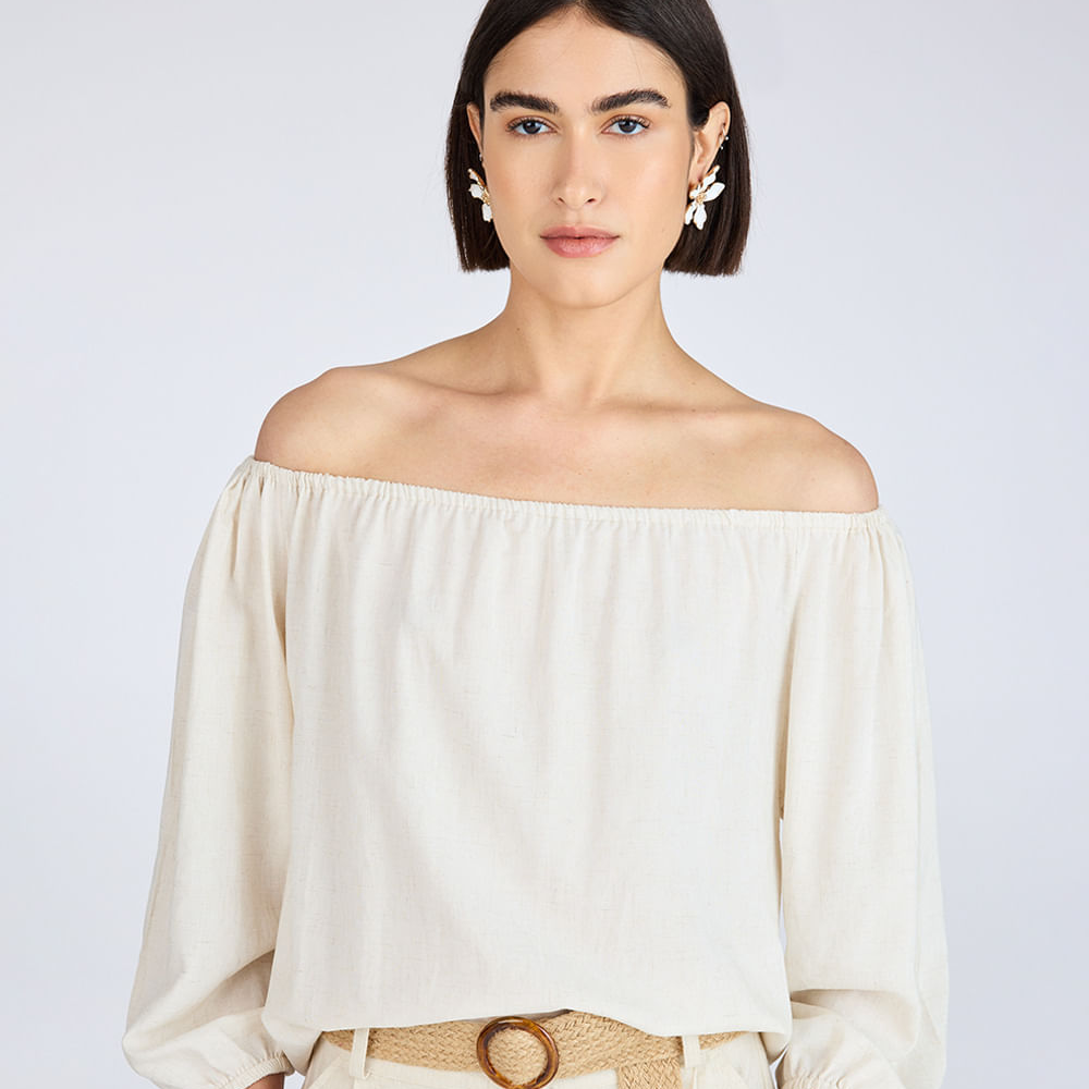 Blusa feminina com linho ombro a ombro bege