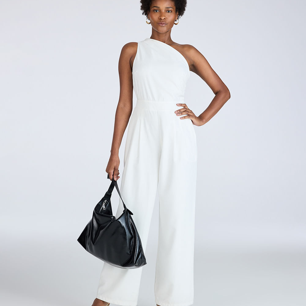 Macacão longo feminino de viscose ombro único off white Macacão longo feminino de viscose ombro único off white