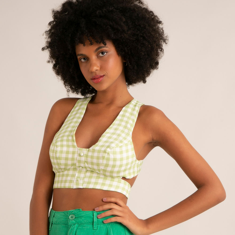 Top cropped decote V amarração vichy verde Top cropped decote V amarração vichy verde