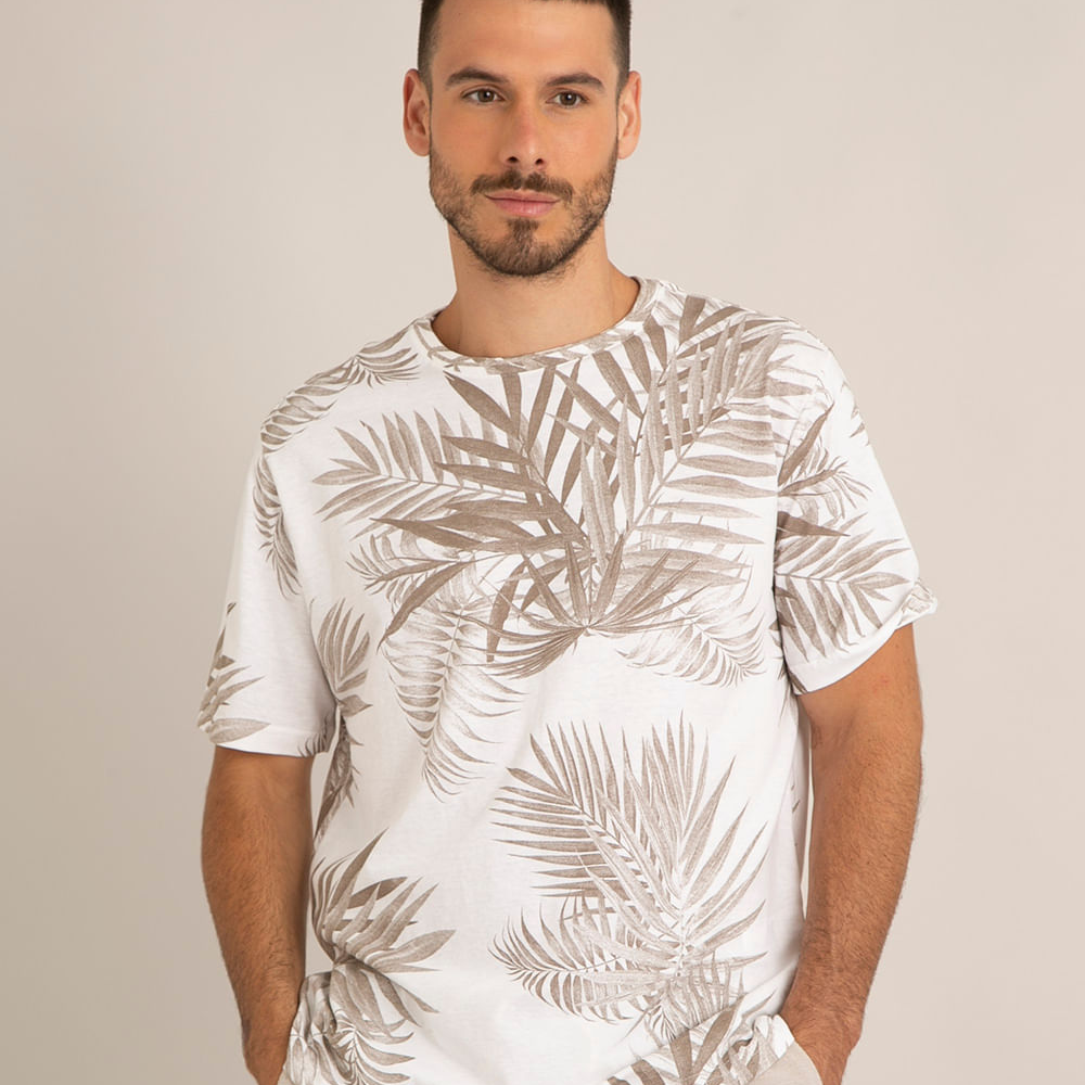 Camiseta comfort de algodão estampada folhagem manga curta gola careca branca Camiseta comfort de algodão estampada folhagem manga curta gola careca branca