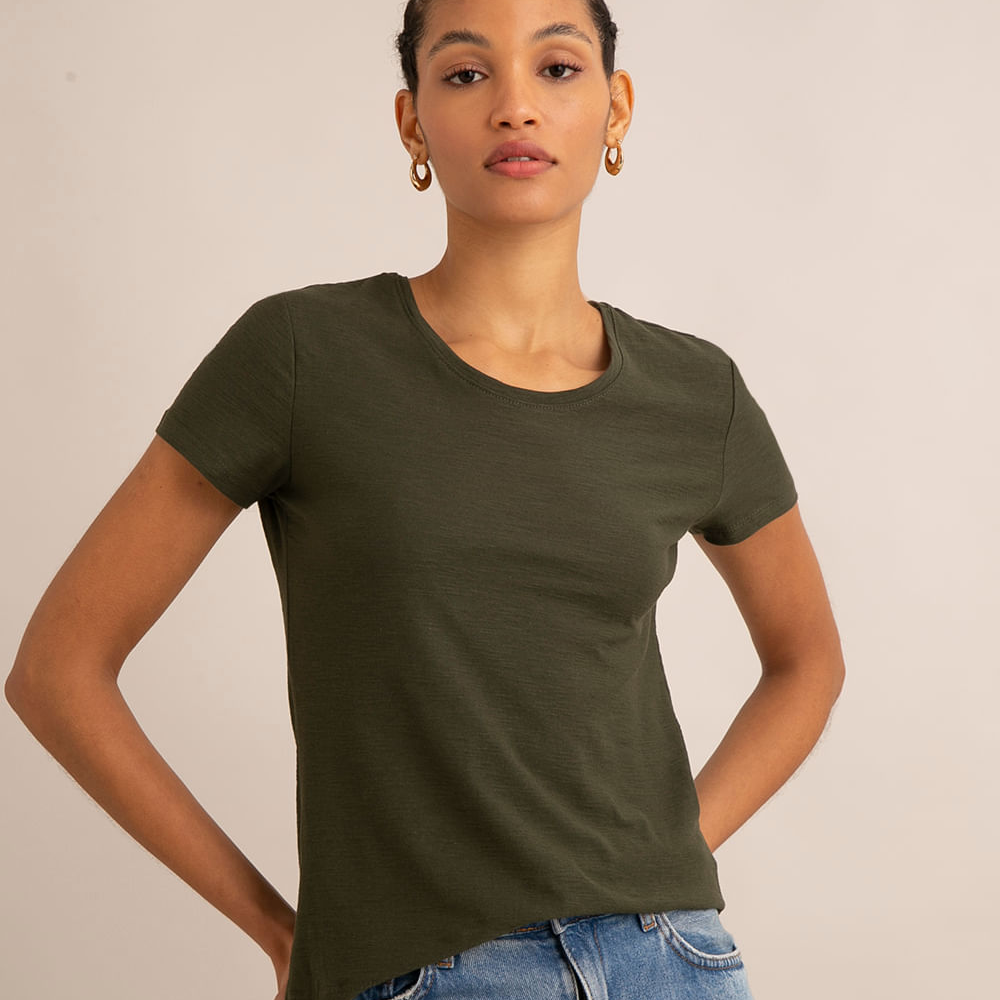 Blusa de flamê básica manga curta decote redondo verde militar Blusa de flamê básica manga curta decote redondo verde militar