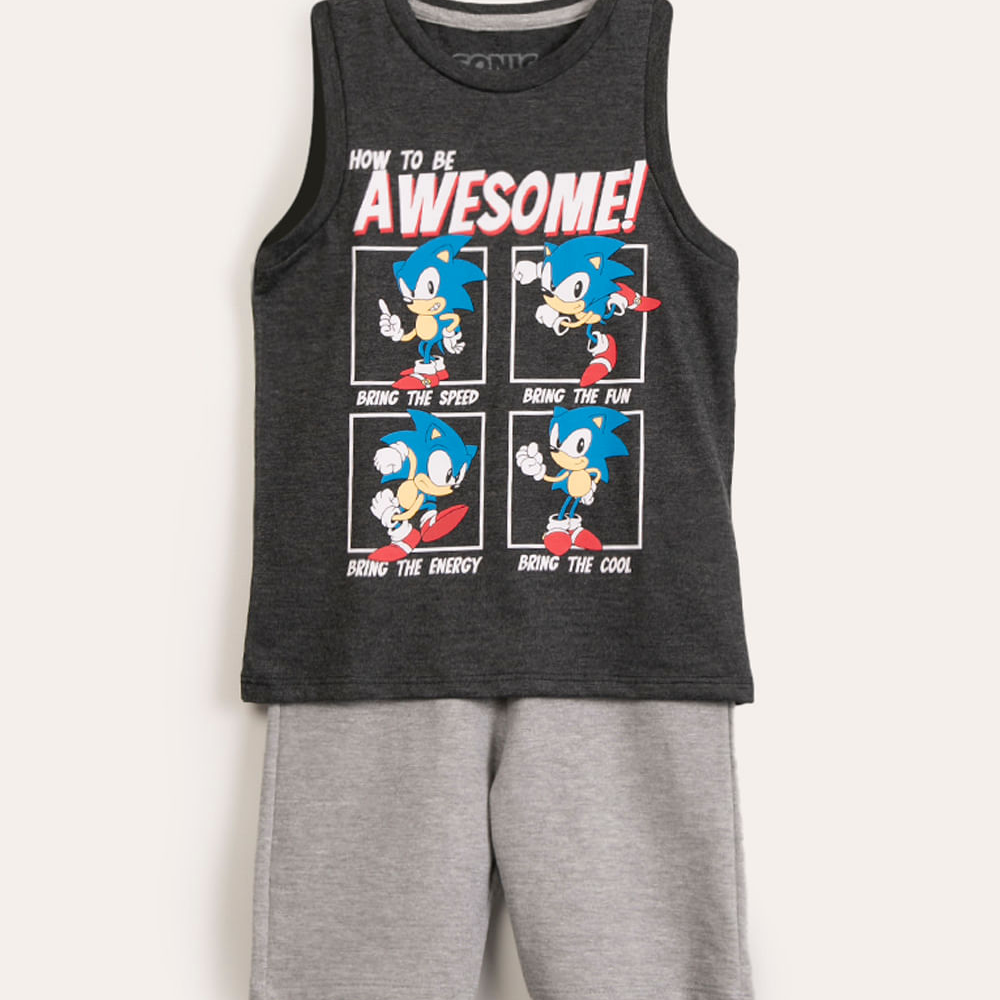 Conjunto infantil de regata sonic + bermuda cinza mescla Conjunto infantil de regata sonic + bermuda cinza mescla