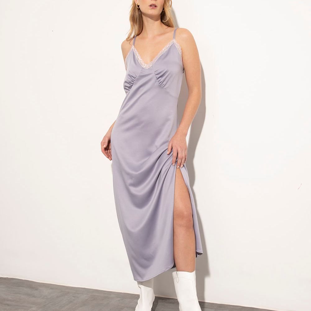 Vestido longo slip dress de cetim alça fina decote v mindset lilás Vestido longo slip dress de cetim alça fina decote v mindset lilás