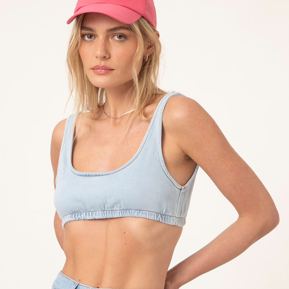Top cropped jeans alça média azul claro