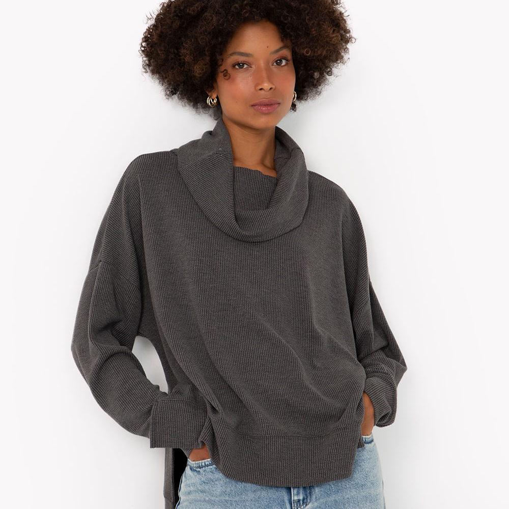 Blusa oversized de malha gola alta cinza escuro