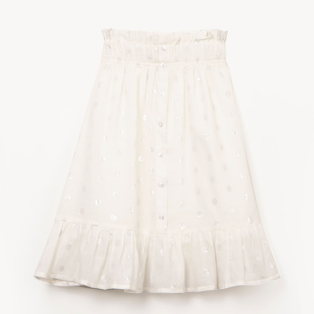 Saia infantil botões poás metalizados off white Saia infantil botões poás metalizados off white