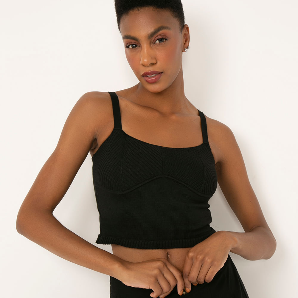 Top corset cropped de tricô preto Top corset cropped de tricô preto
