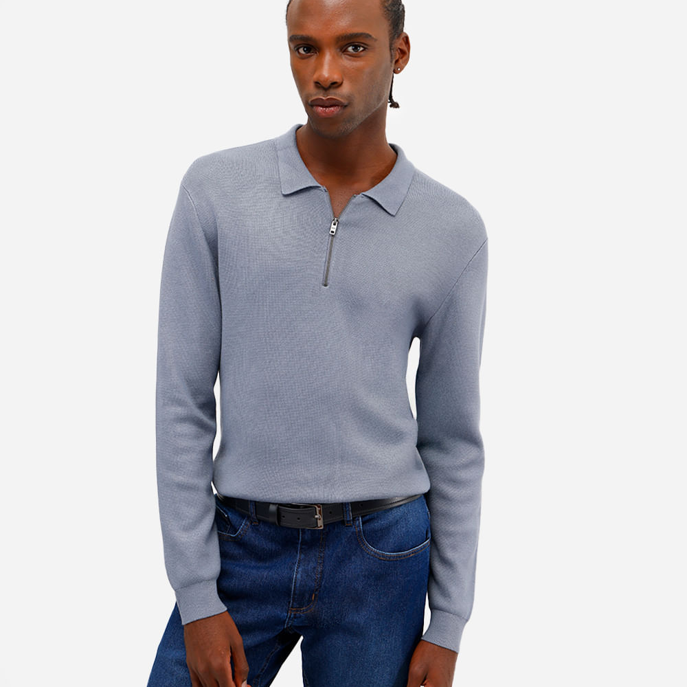 Polo de tricot com zíper manga longa azul Polo de tricot com zíper manga longa azul