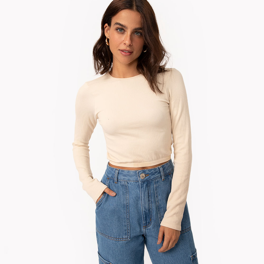 Cropped de poliamida manga longa off white