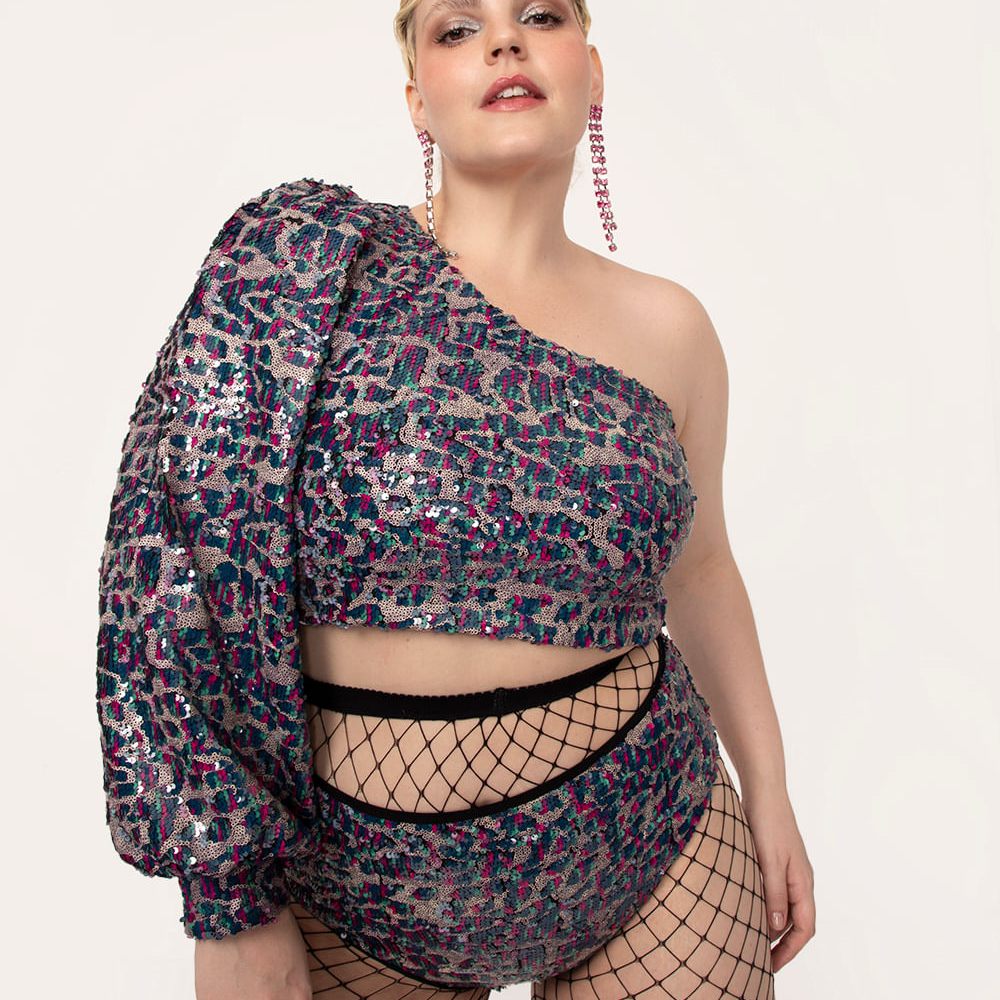 Blusa cropped paetê manga única bufante ohlograma multicor Blusa cropped paetê manga única bufante ohlograma multicor