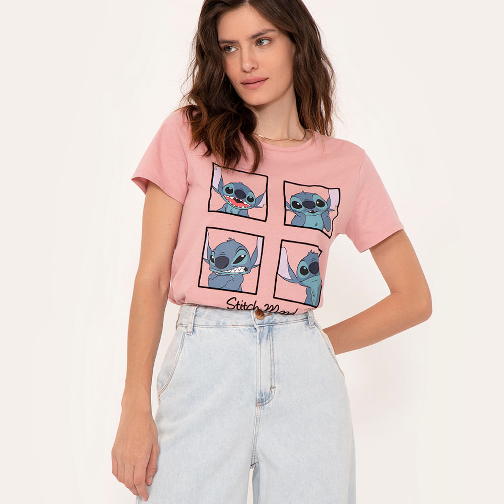 Camiseta de algodão manga curta stitch rosa Camiseta de algodão manga curta stitch rosa