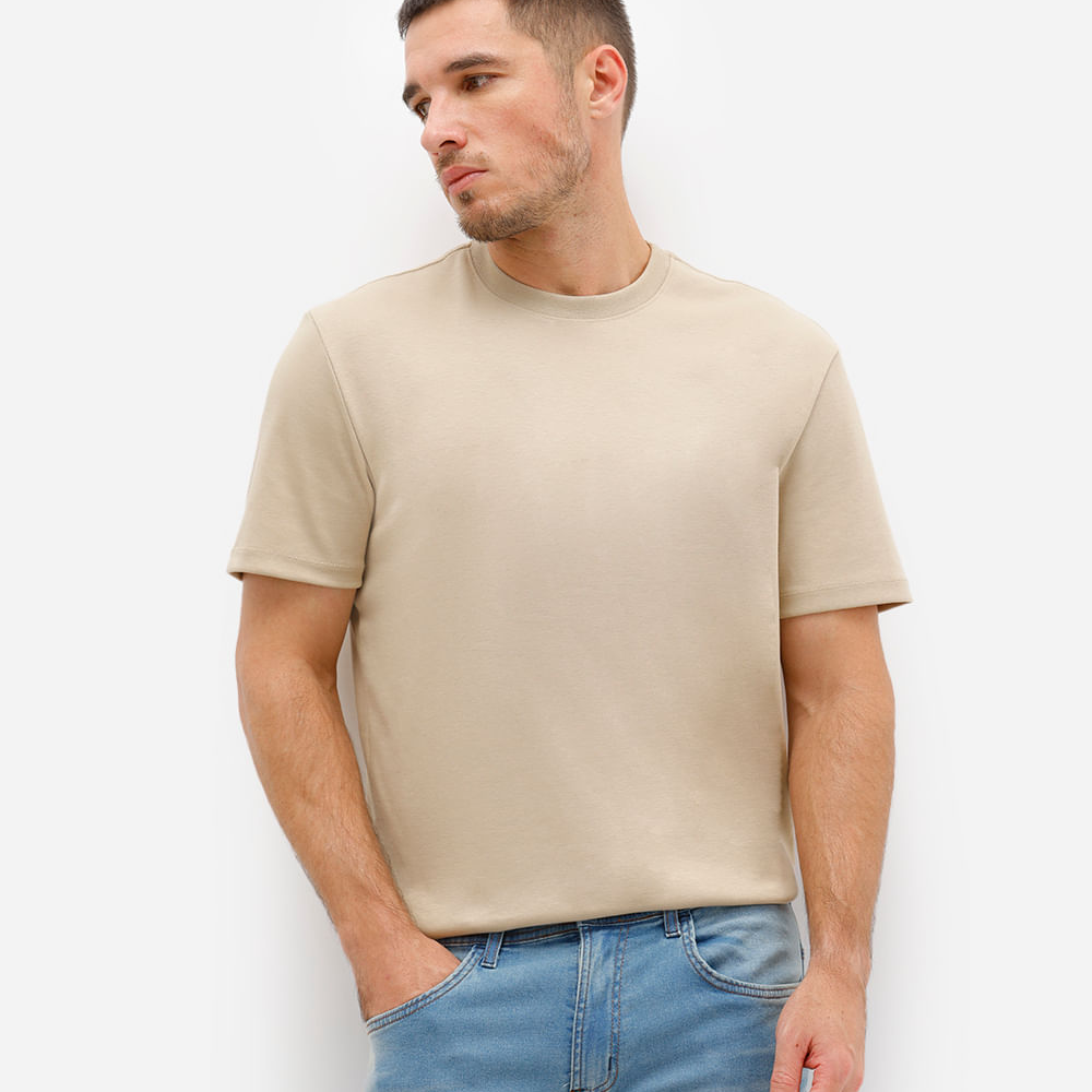 Camiseta de algodão peruano bold manga curta bege Camiseta de algodão peruano bold manga curta bege