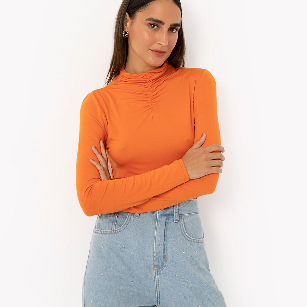 Blusa de viscose gola franzida manga longa laranja médio Blusa de viscose gola franzida manga longa laranja médio