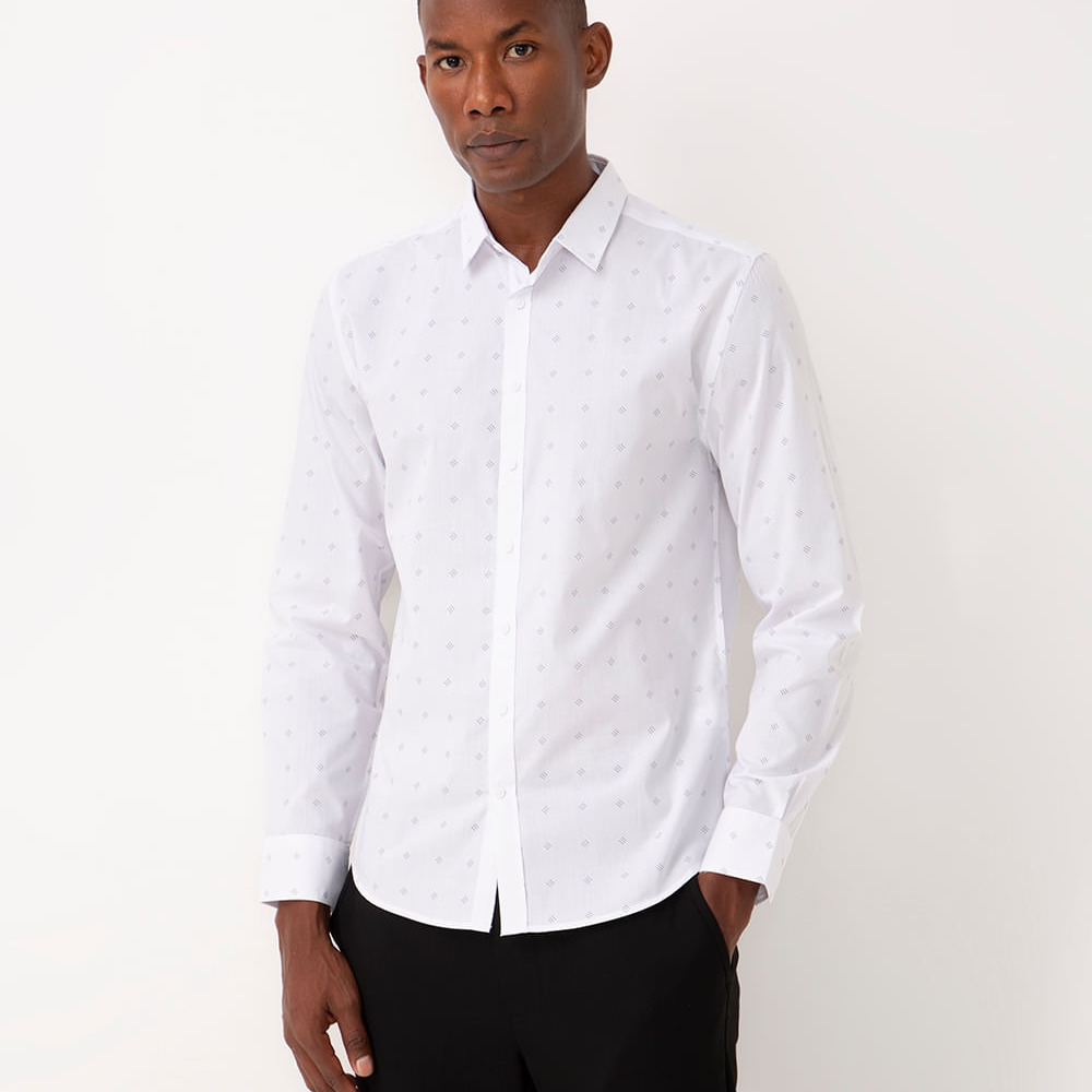 Camisa slim de algodão estampada manga longa branco Camisa slim de algodão estampada manga longa branco
