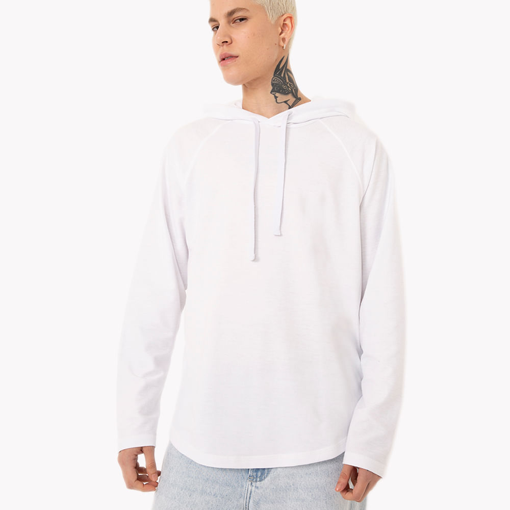 Camiseta de moletinho com capuz manga longa branco Camiseta de moletinho com capuz manga longa branco