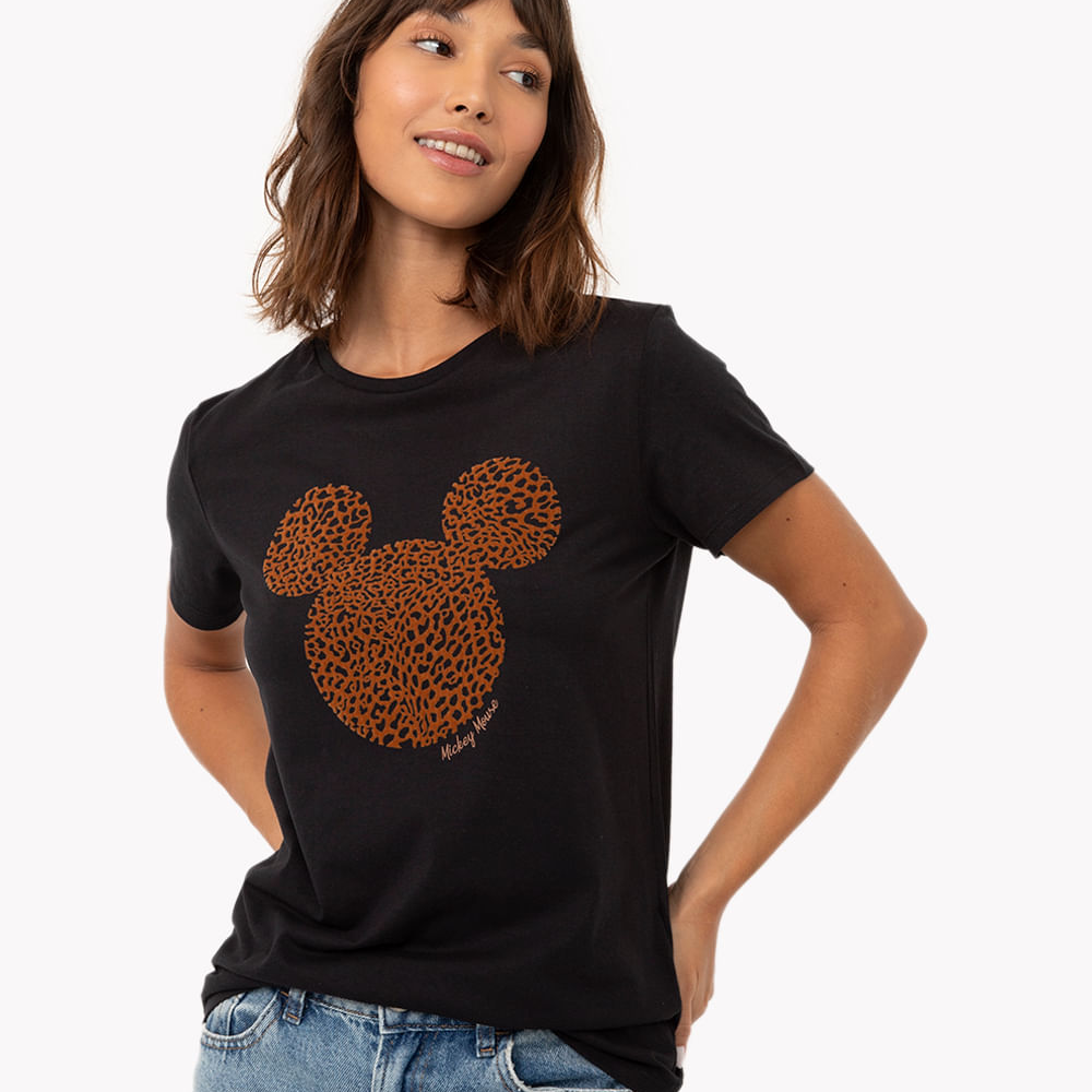 Camiseta de algodão mickey animal print manga curta preta Camiseta de algodão mickey animal print manga curta preta