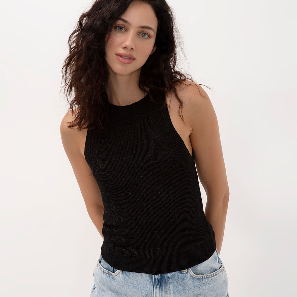 Regata de tricot halter neck metalizada preto Regata de tricot halter neck metalizada preto