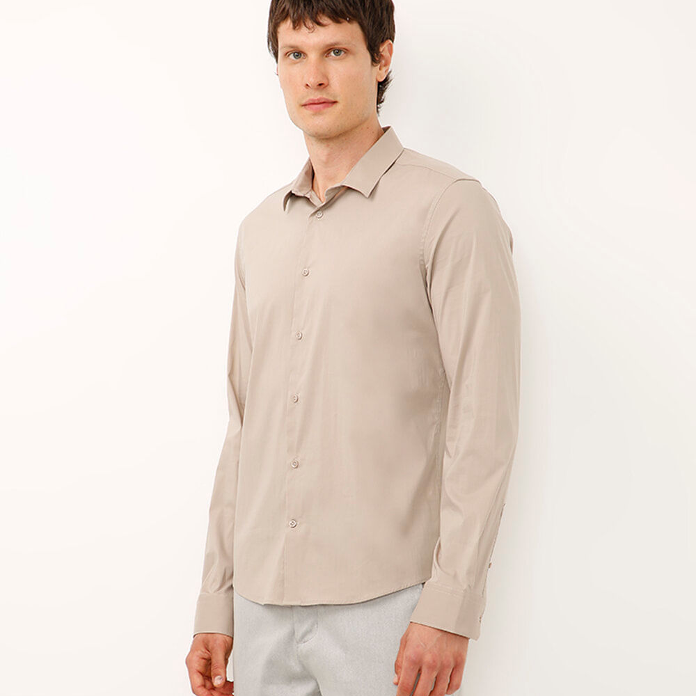 Camisa slim fit de algodão manga longa bege