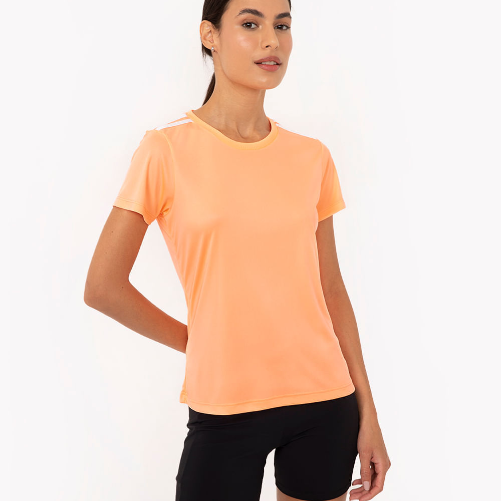 Camiseta feminina esportiva manga curta com listras laranja Camiseta feminina esportiva manga curta com listras laranja
