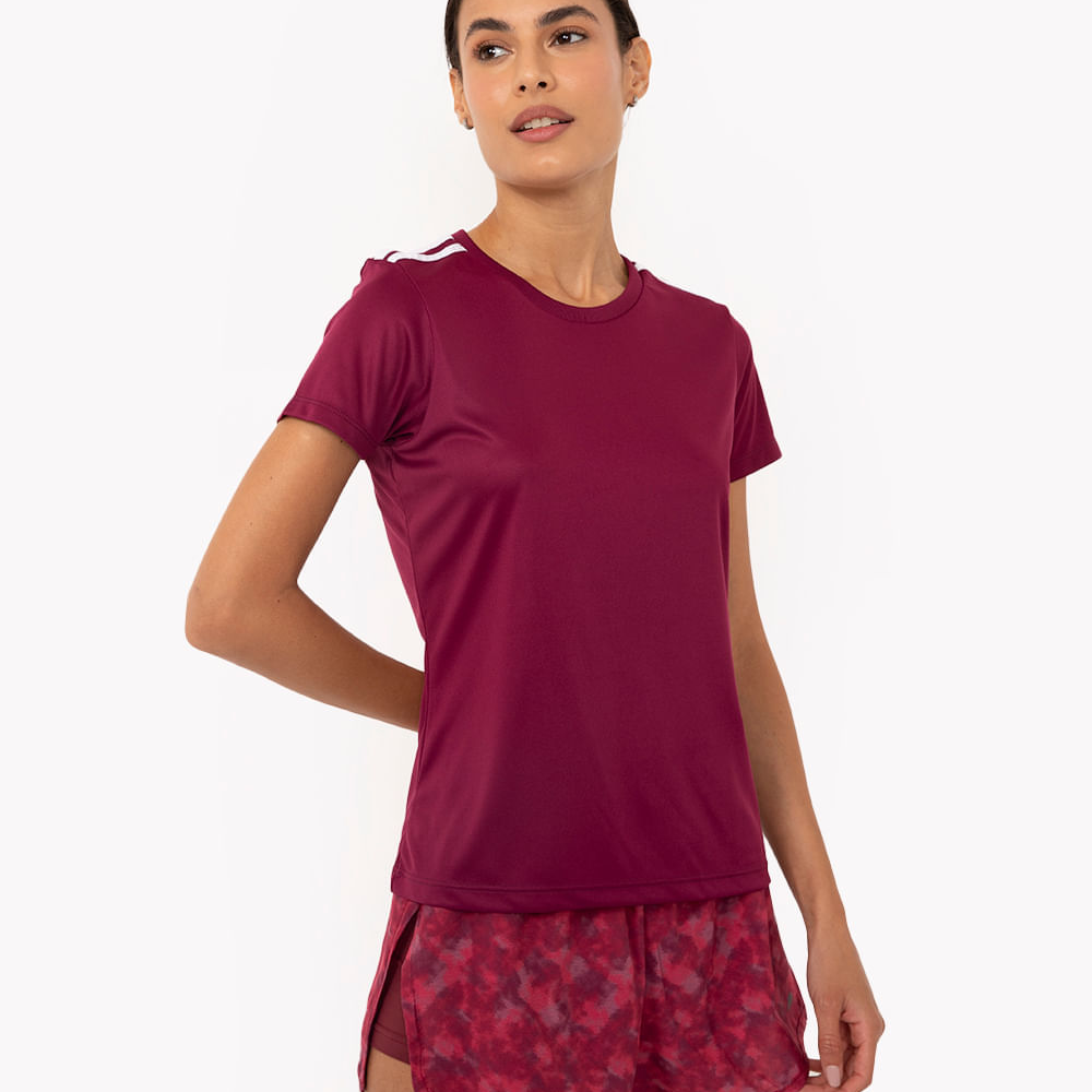 Camiseta feminina esportiva manga curta com listras roxa Camiseta feminina esportiva manga curta com listras roxa