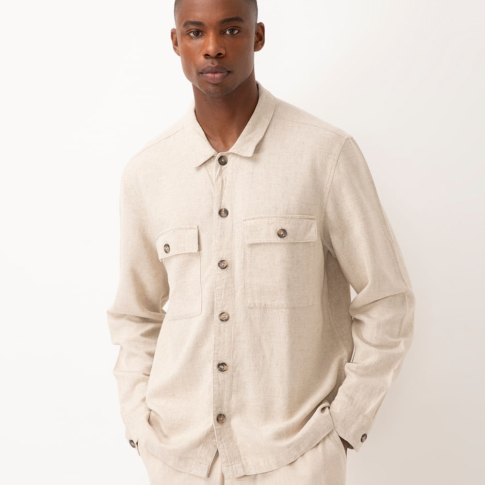Camisa comfort com linho manga longa kaki