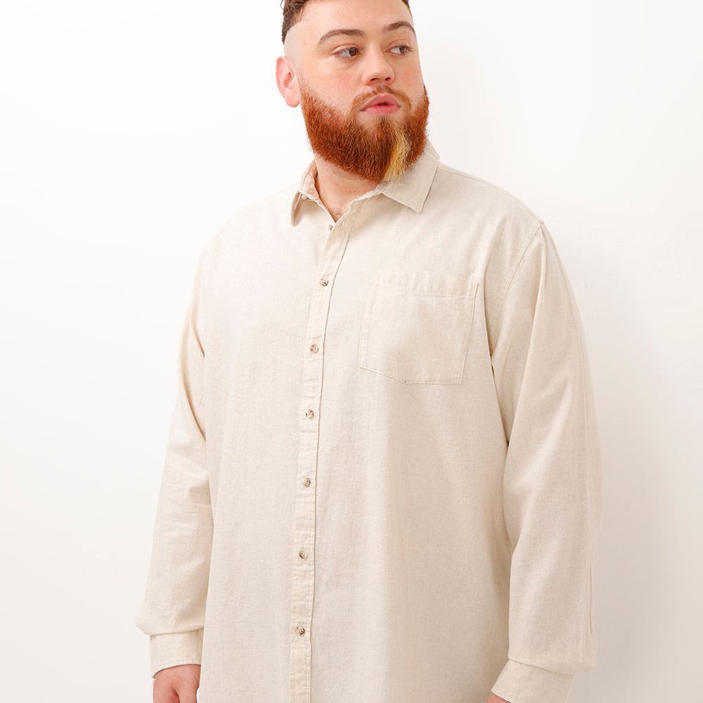 Camisa com linho plus size comfort manga longa bege Camisa com linho plus size comfort manga longa bege