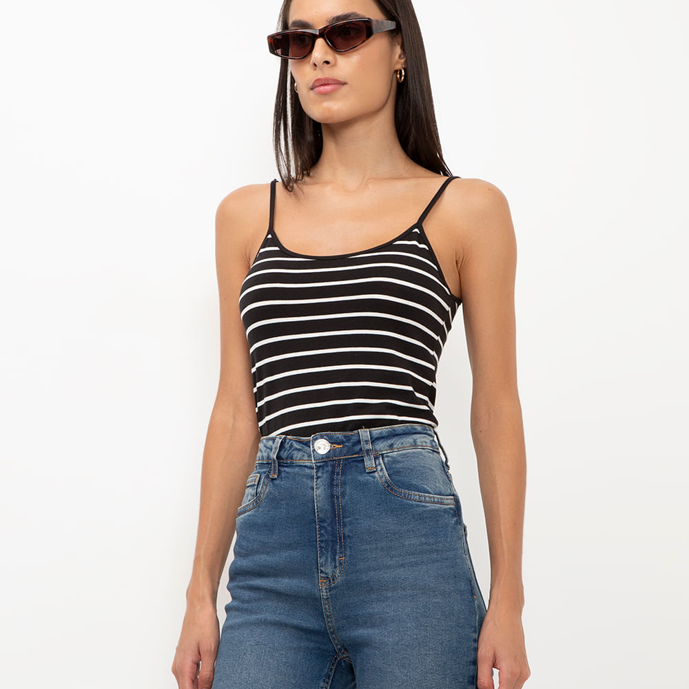 Blusa de algodão peruano listrada preta Blusa de algodão peruano listrada preta
