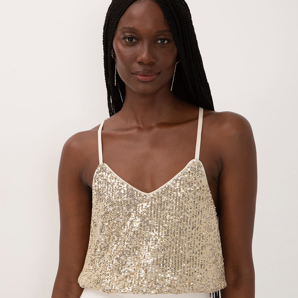 Blusa nadador de paetê alça fina dourada